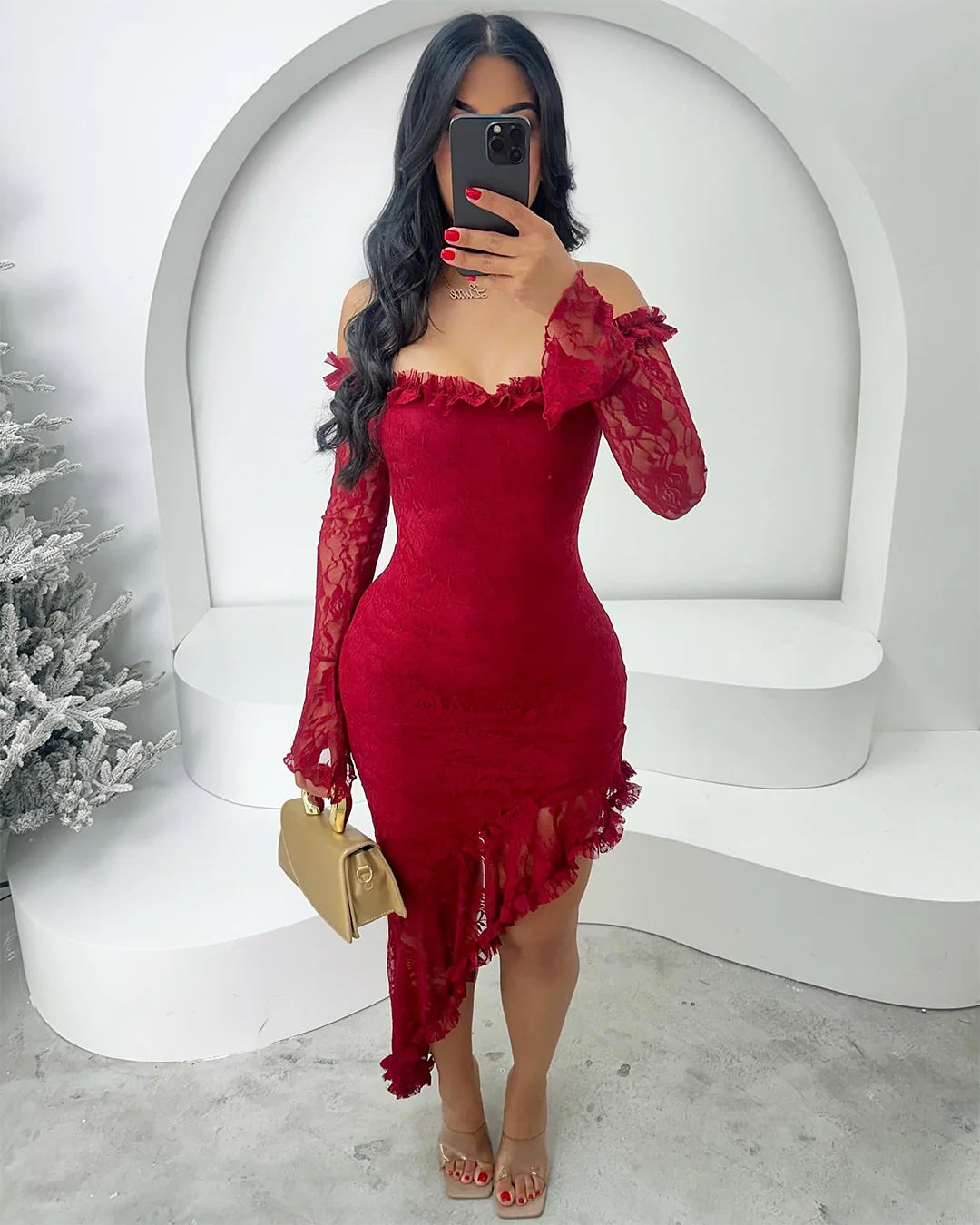 Rose Off Shoulder Dress Lace Long Sleeve Maxi Dress