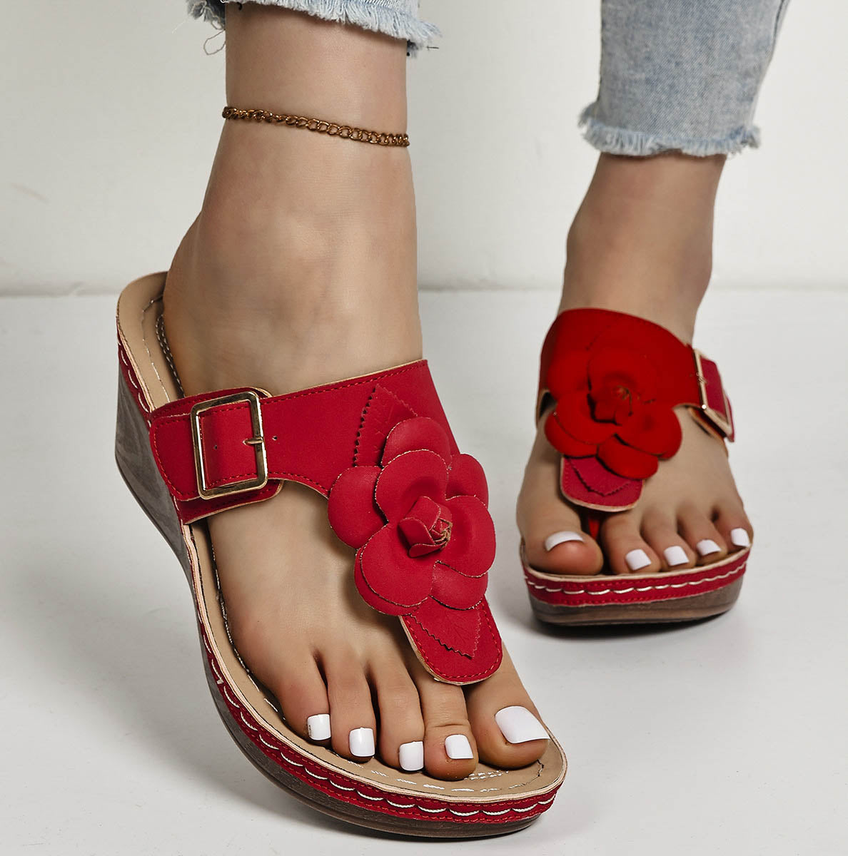 Peony Floral Wedge Slippers