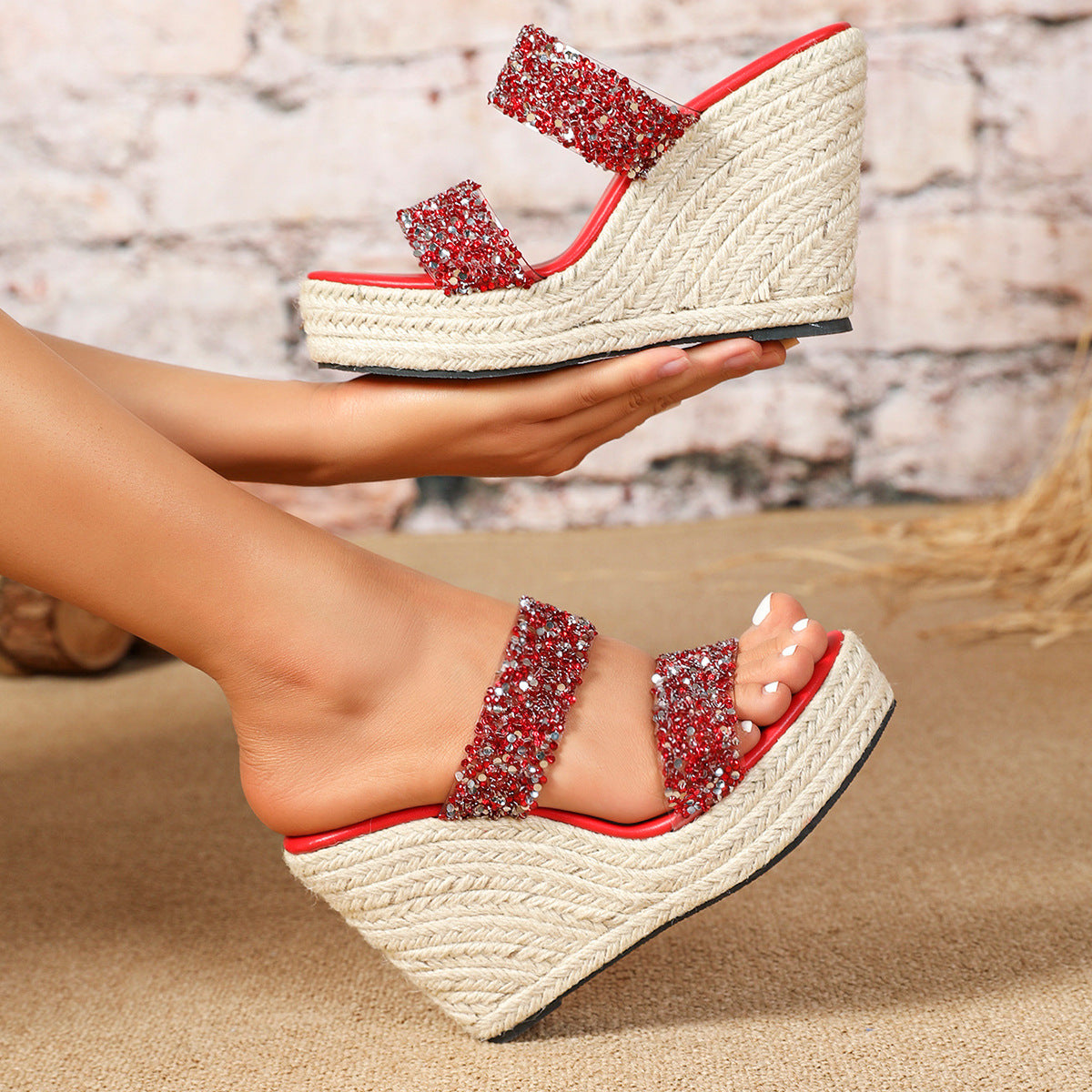 Lilac Rhinestone Double Straps Wedges