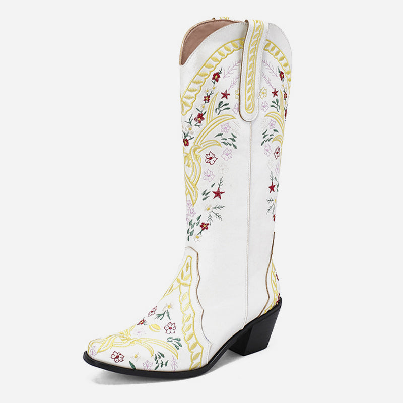 Gardenia Floral Embroidery Cowboy Boots