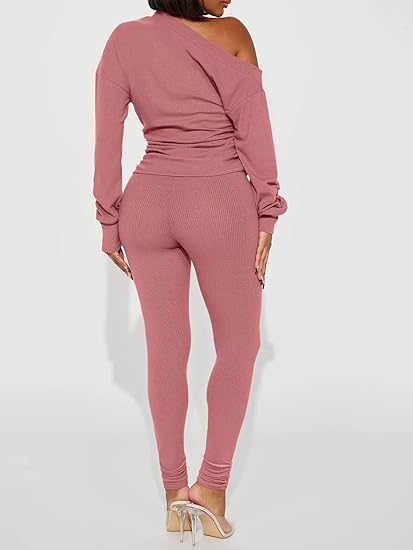 One Shoulder Tops Ribbed Pants Set Tracksuit