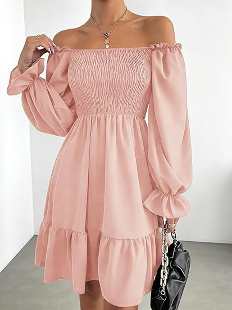 Square Neck Puff Sleeve A-Line Ruffle Hem Knee Dress