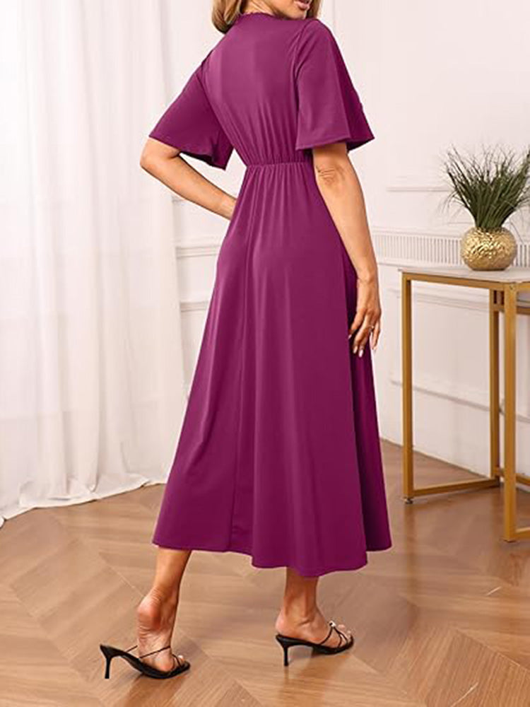 V Neck Tie Front Ruffle Sleeve A Line Maxi Dress