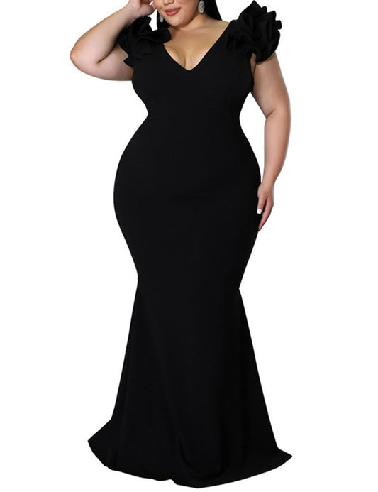 Maxi Dress V-Neck Ruffle Sleeves Mermaid