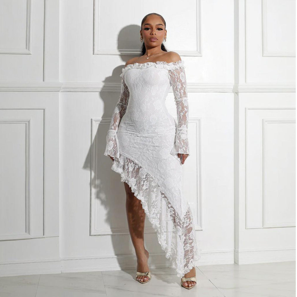 Rose Off Shoulder Dress Lace Long Sleeve Maxi Dress