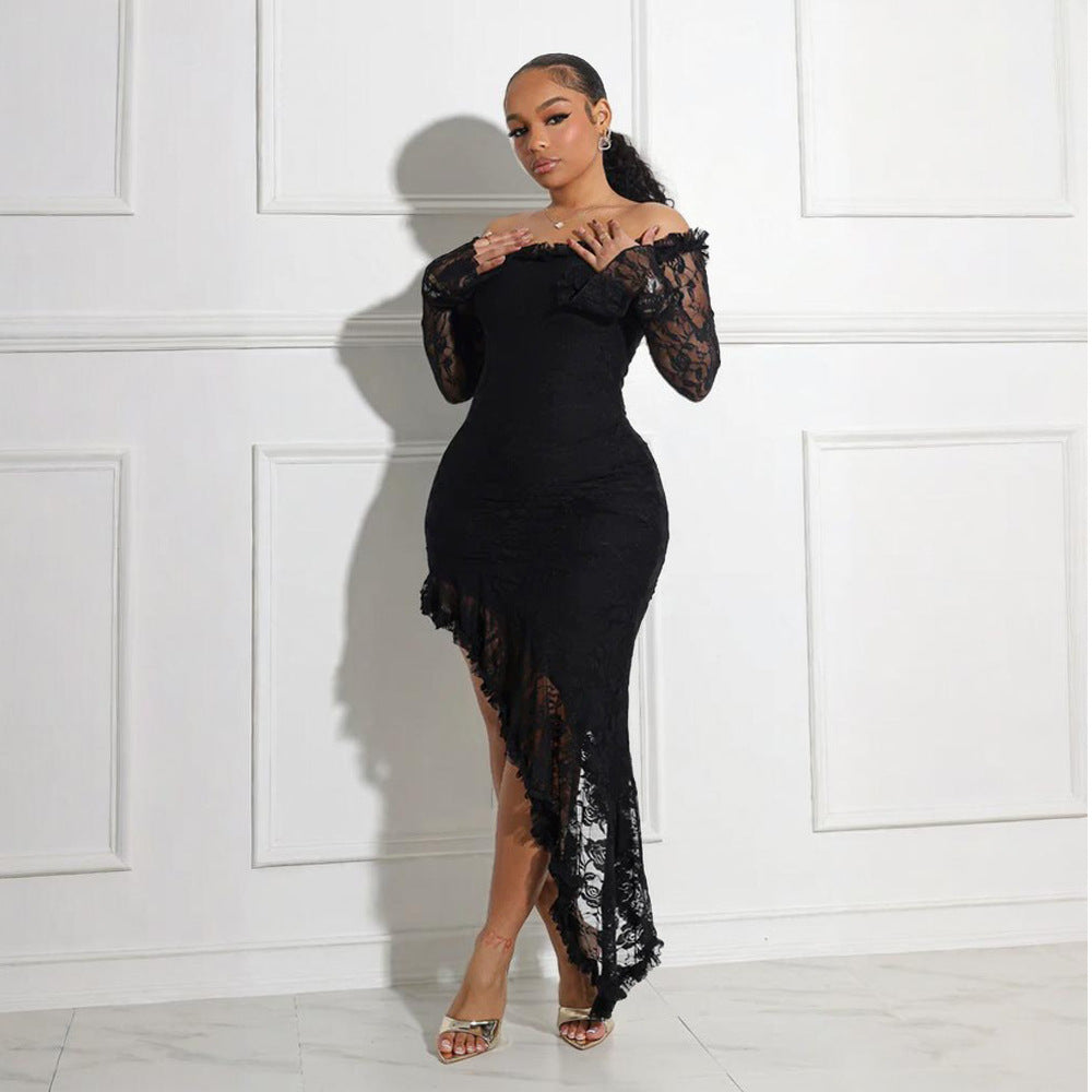 Rose Off Shoulder Dress Lace Long Sleeve Maxi Dress