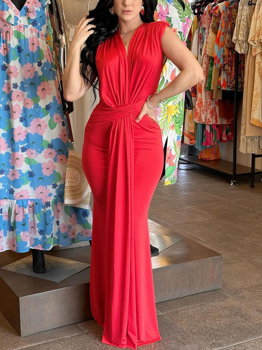 Deep V Neck Tie Front Maxi Dress