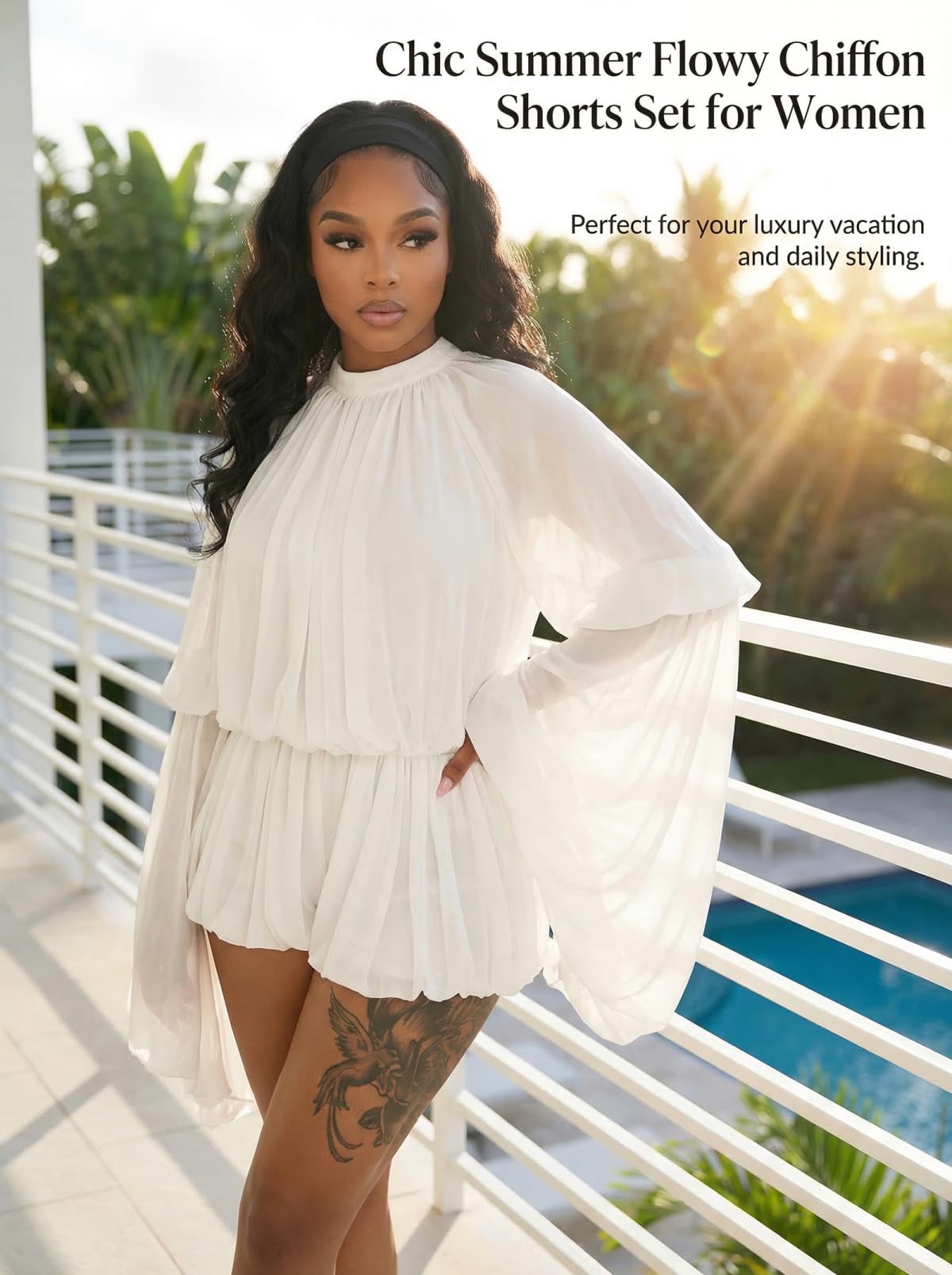 Chiffon Bell Sleeve Shorts Set