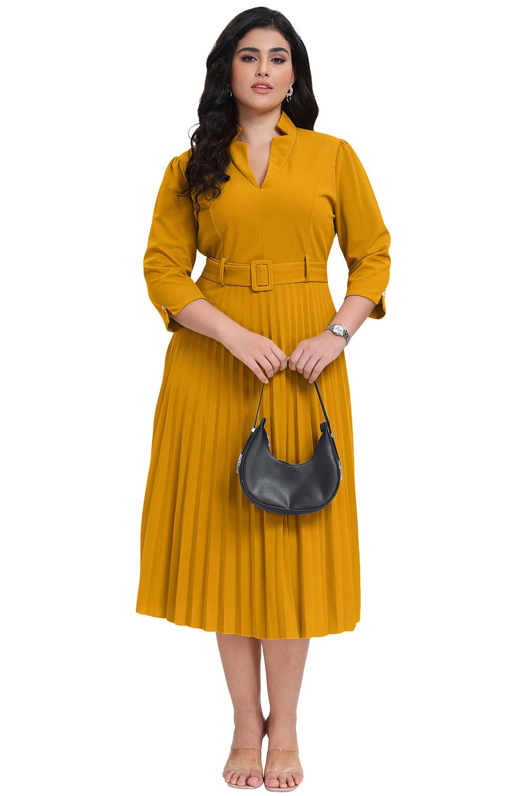 V Neck Belted Pleated Dress