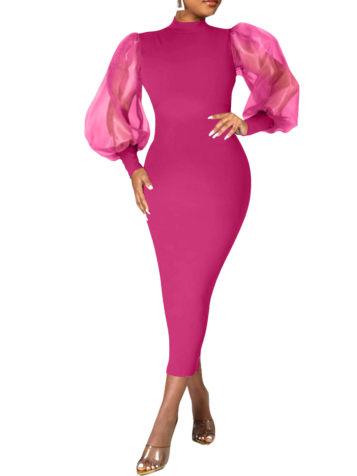 Elegant Sheer Puff Sleeve Midi Dress