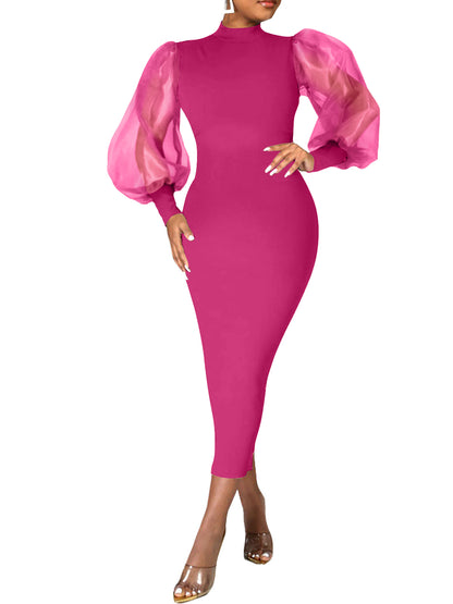 Elegant Sheer Puff Sleeve Midi Dress