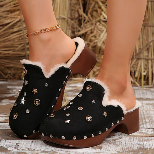 Nepeta Rivet Plush Heel Slippers