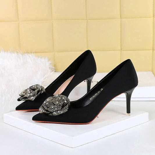 Gerbera Rhinestone Flower Satin Pumps