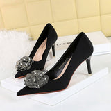 Gerbera Rhinestone Flower Satin Pumps