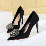 Gerbera Rhinestone Flower Satin Pumps