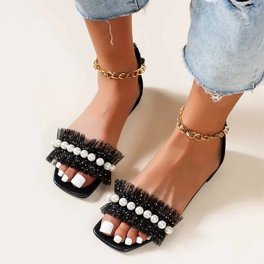 Nerine Pearl Strap Flat Sandals