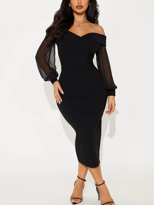 Ella Off Shoulder Mesh Sleeve Midi Dress