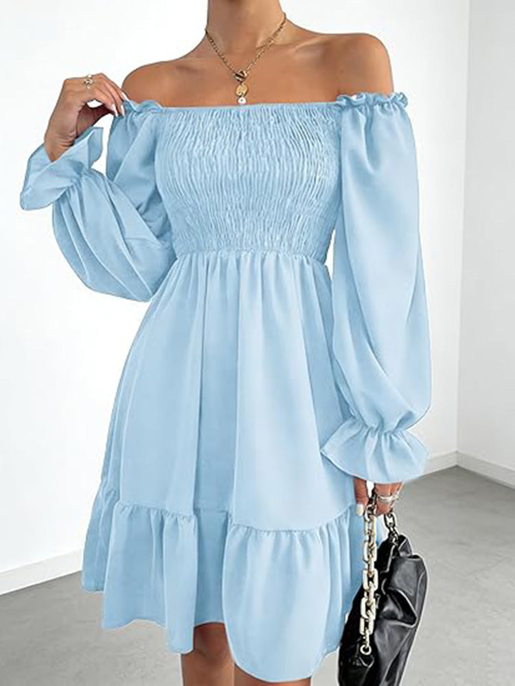 Square Neck Puff Sleeve A-Line Ruffle Hem Knee Dress