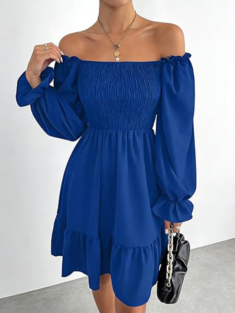 Square Neck Puff Sleeve A-Line Ruffle Hem Knee Dress