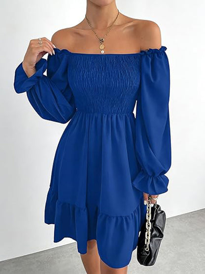 Square Neck Puff Sleeve A-Line Ruffle Hem Knee Dress