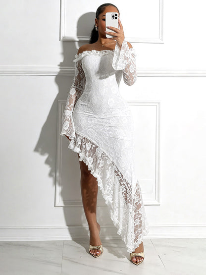 Off Shoulder Lace Asymmetrical Midi Dress