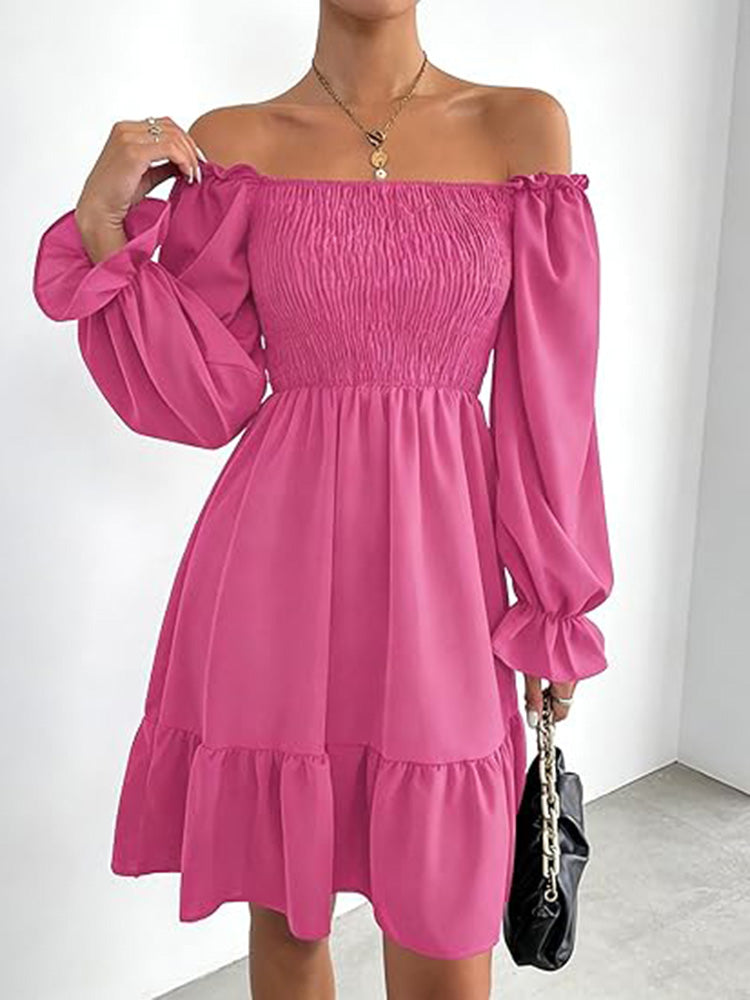Square Neck Puff Sleeve A-Line Ruffle Hem Knee Dress