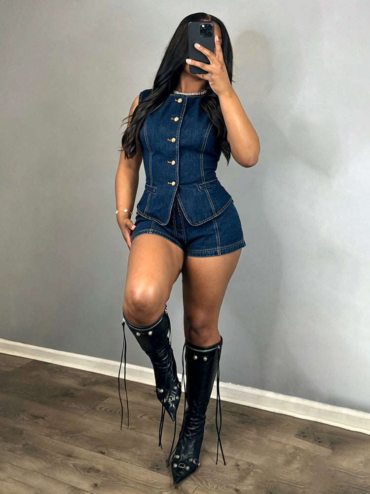 Denim Vest & Shorts Set