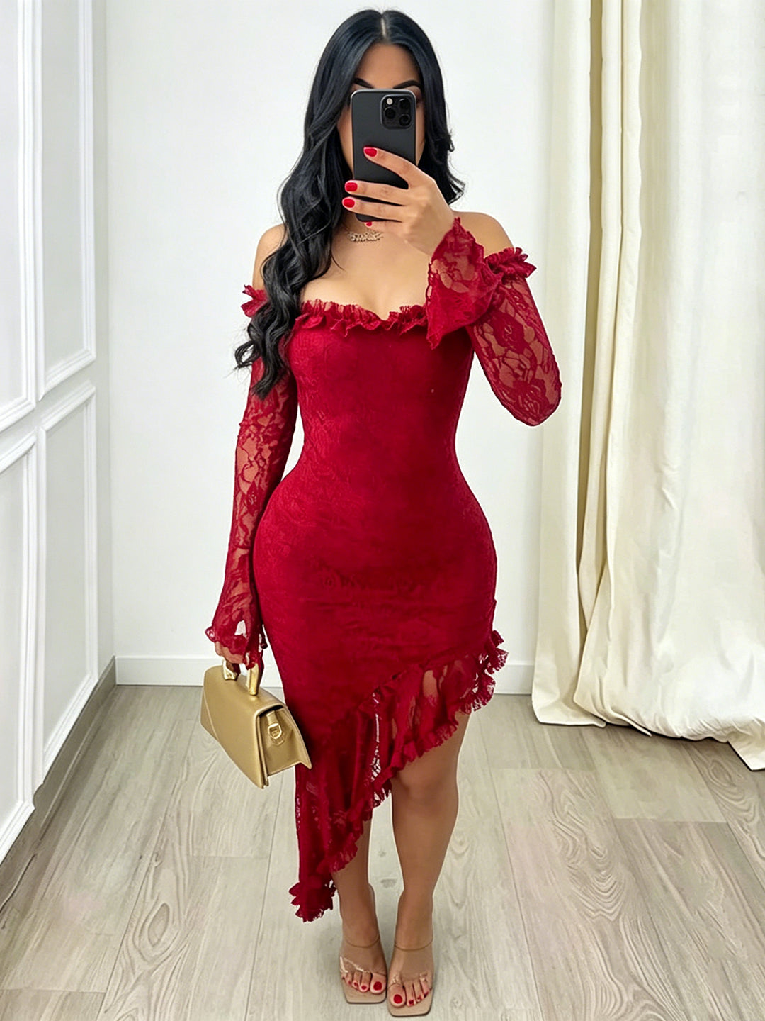 Off Shoulder Lace Asymmetrical Midi Dress