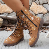 Viola Flower Embroidery Mid-Calf Boots