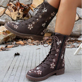 Viola Flower Embroidery Mid-Calf Boots