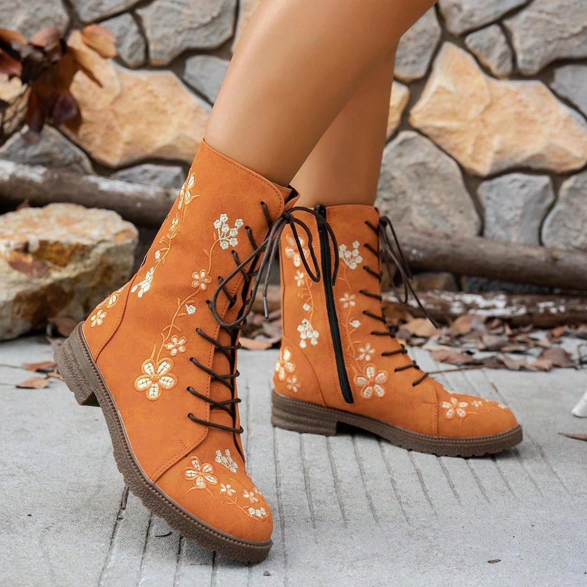 Viola Flower Embroidery Mid-Calf Boots