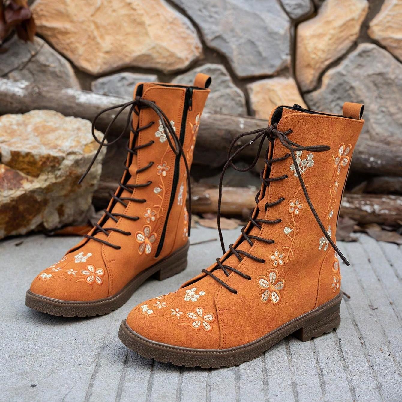 Viola Flower Embroidery Mid-Calf Boots