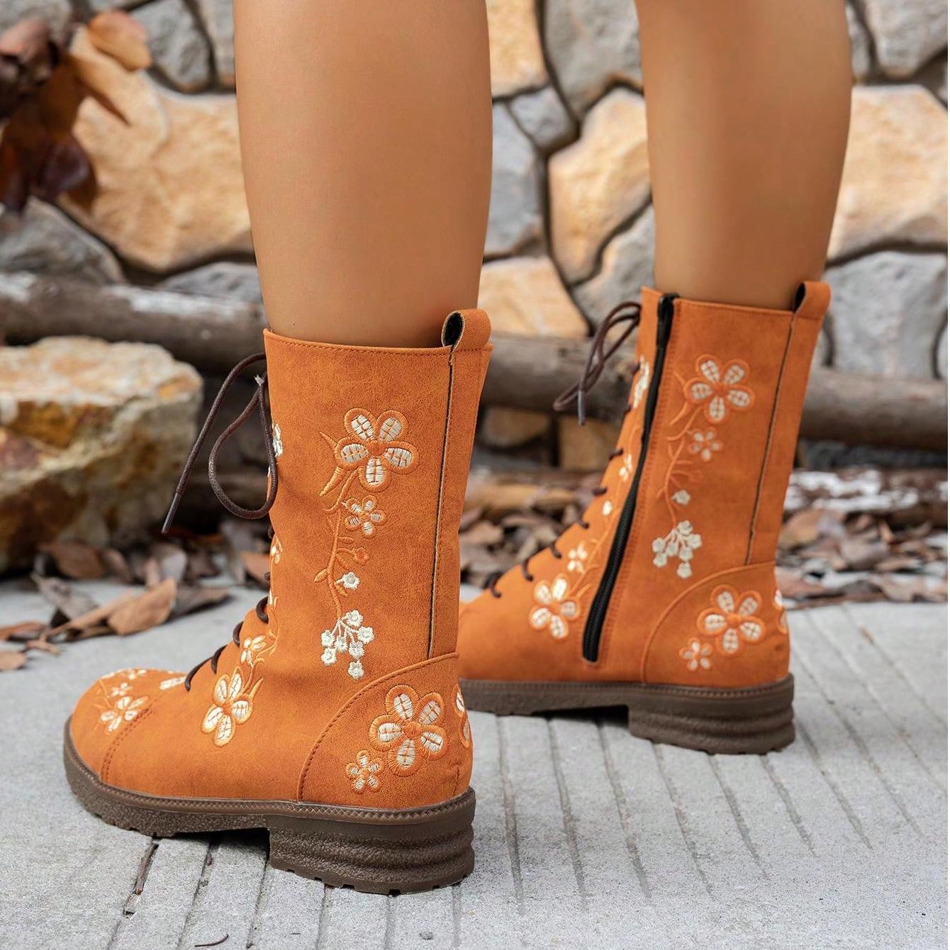 Viola Flower Embroidery Mid-Calf Boots
