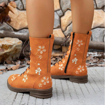 Viola Flower Embroidery Mid-Calf Boots