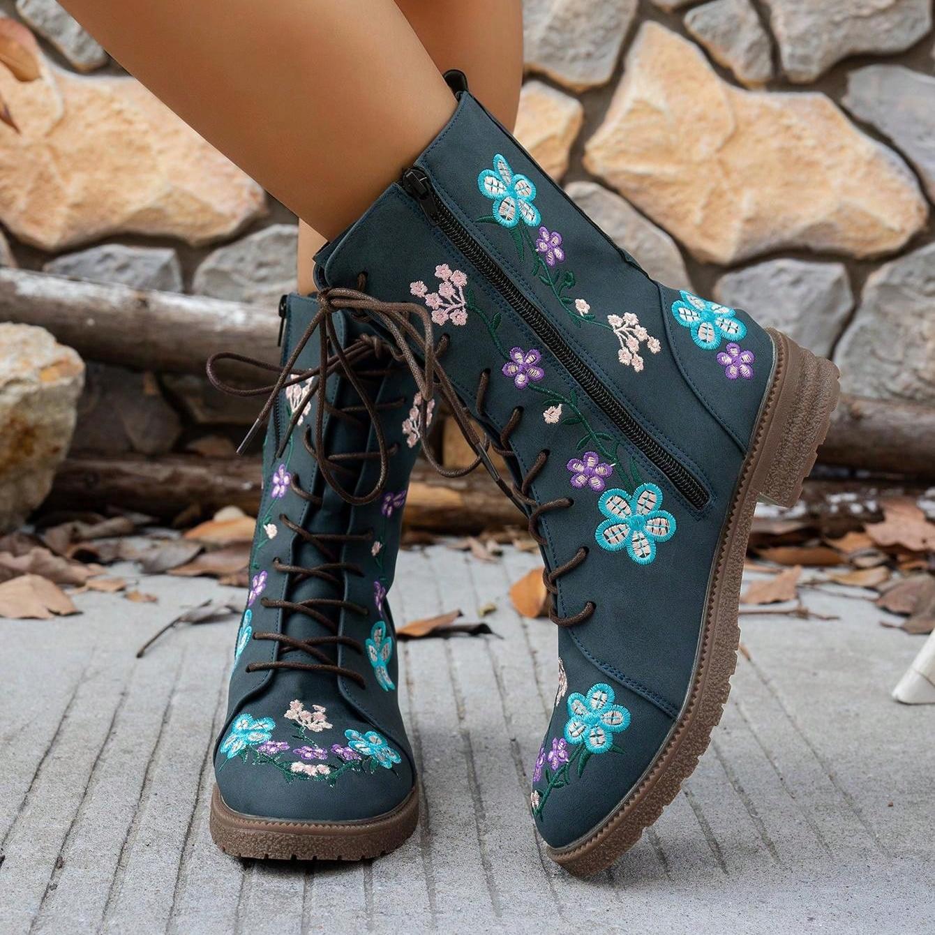 Viola Flower Embroidery Mid-Calf Boots