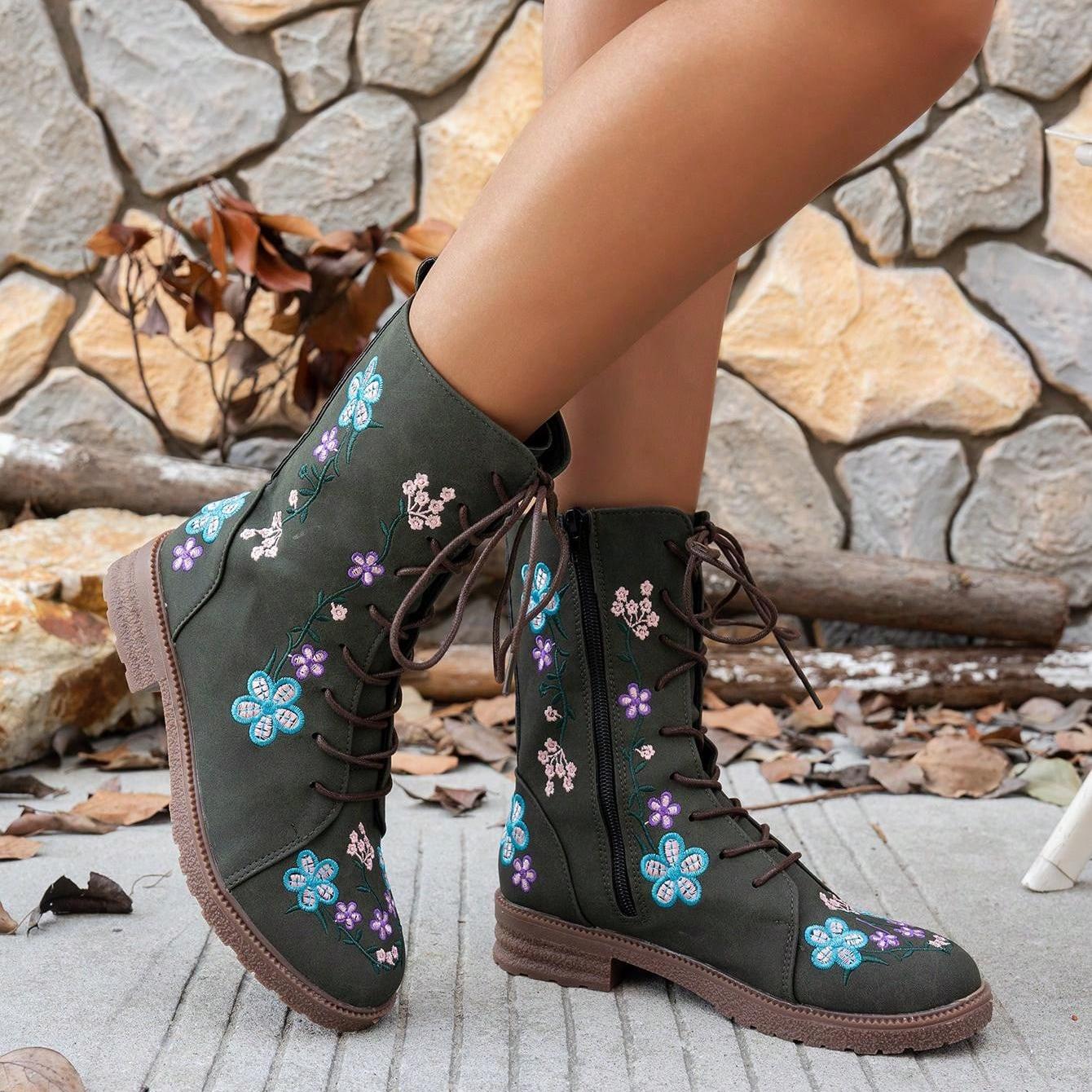 Viola Flower Embroidery Mid-Calf Boots