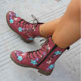 Viola Flower Embroidery Mid-Calf Boots