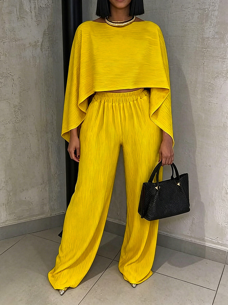 Plissé Asymmetric Top & Wide Pants Set
