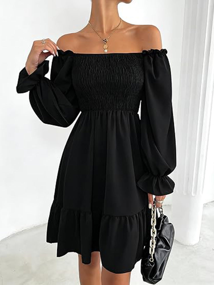 Square Neck Puff Sleeve A-Line Ruffle Hem Knee Dress