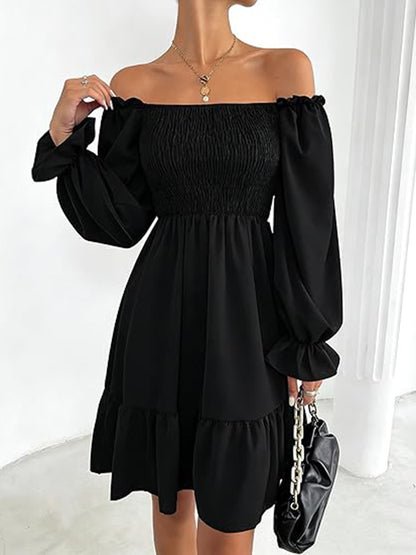 Square Neck Puff Sleeve A-Line Ruffle Hem Knee Dress