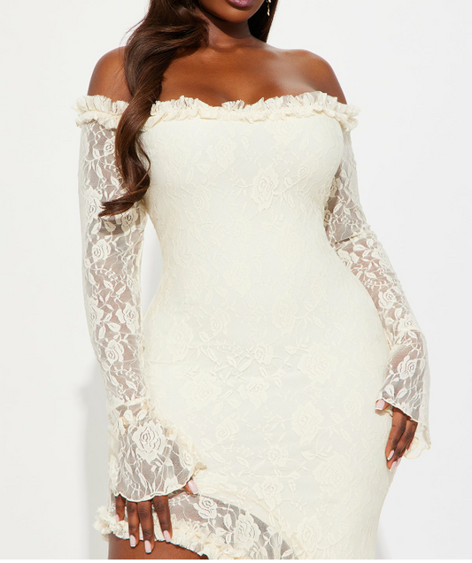 Rose Off Shoulder Dress Lace Long Sleeve Maxi Dress