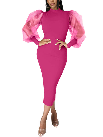 Elegant Sheer Puff Sleeve Midi Dress