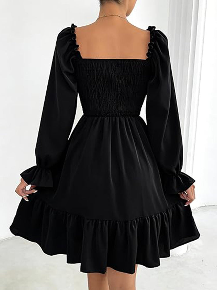 Square Neck Puff Sleeve A-Line Ruffle Hem Knee Dress