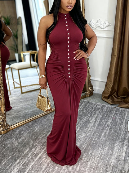 Halter Button Ruched Maxi Dress