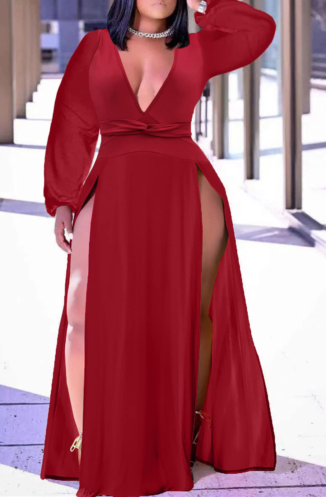 Plus Size Sleeveless V-Neck Split Maxi Dress