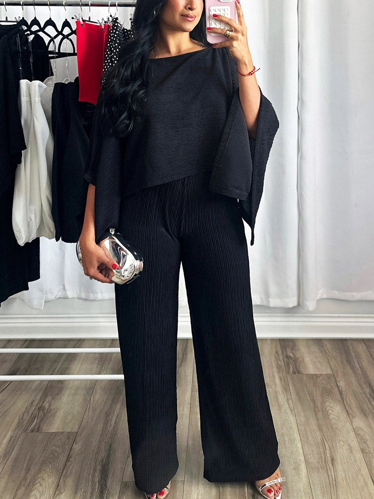 Plissé Asymmetric Top & Wide Pants Set