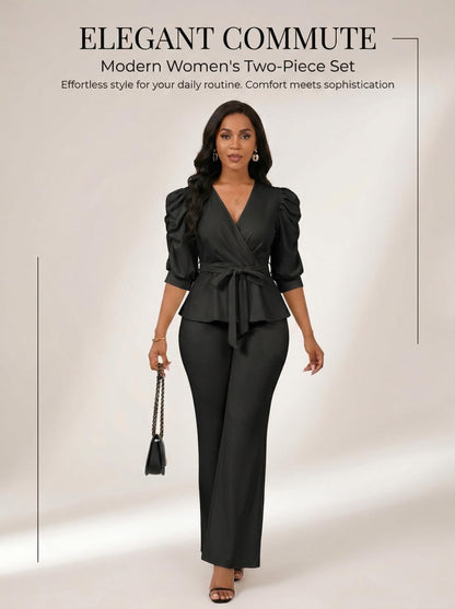 Ruffle V Neck Wide Leg Pants Set