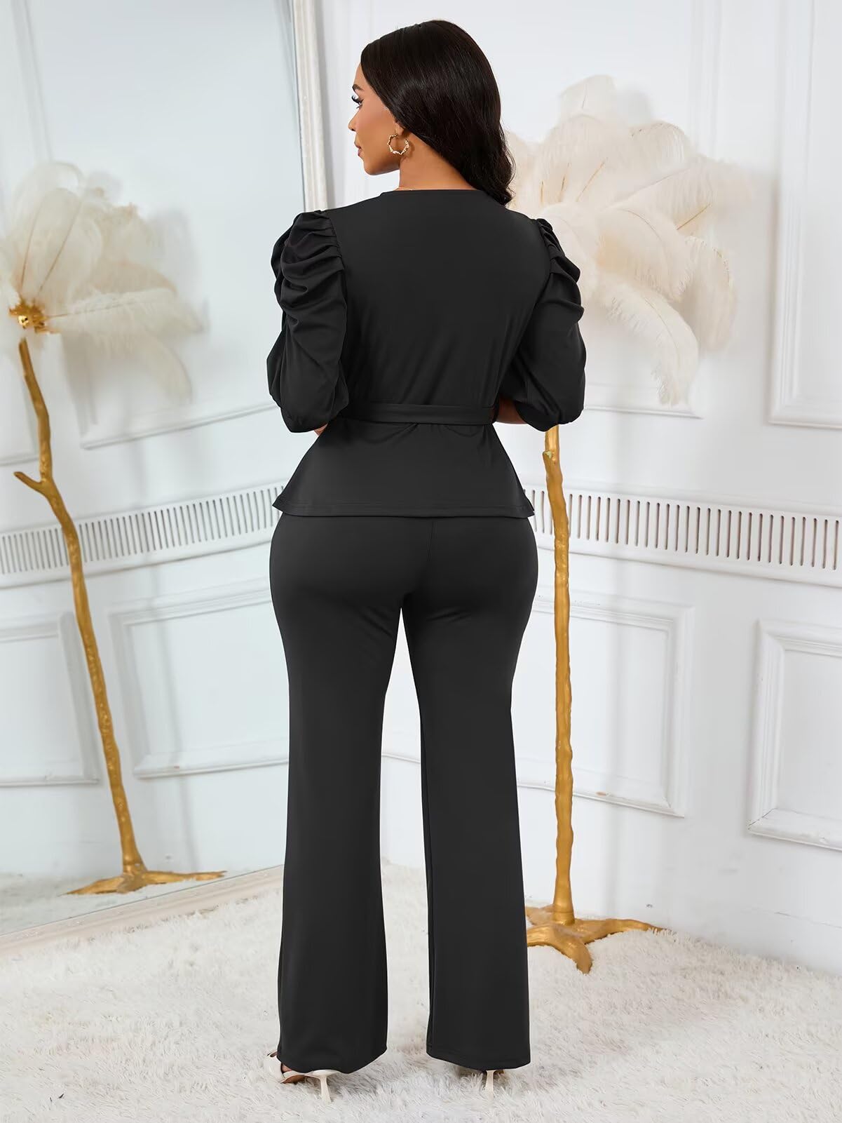Ruffle V Neck Wide Leg Pants Set