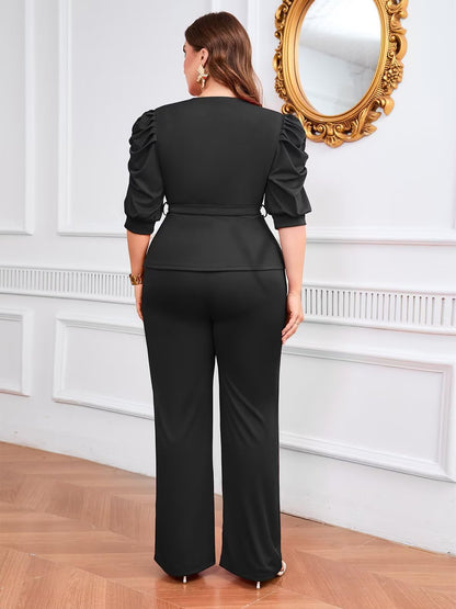 Ruffle V Neck Wide Leg Pants Set