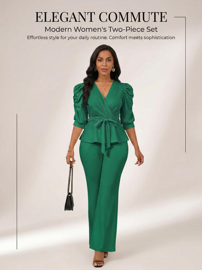 Ruffle V Neck Wide Leg Pants Set